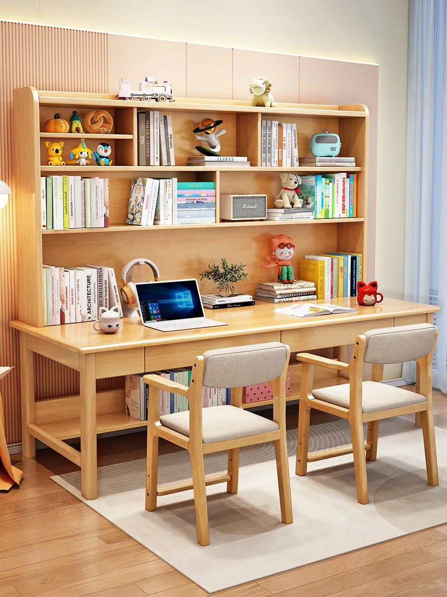 

Solid wood double desk bookshelf integrated children's study table multi-person combination High Quality