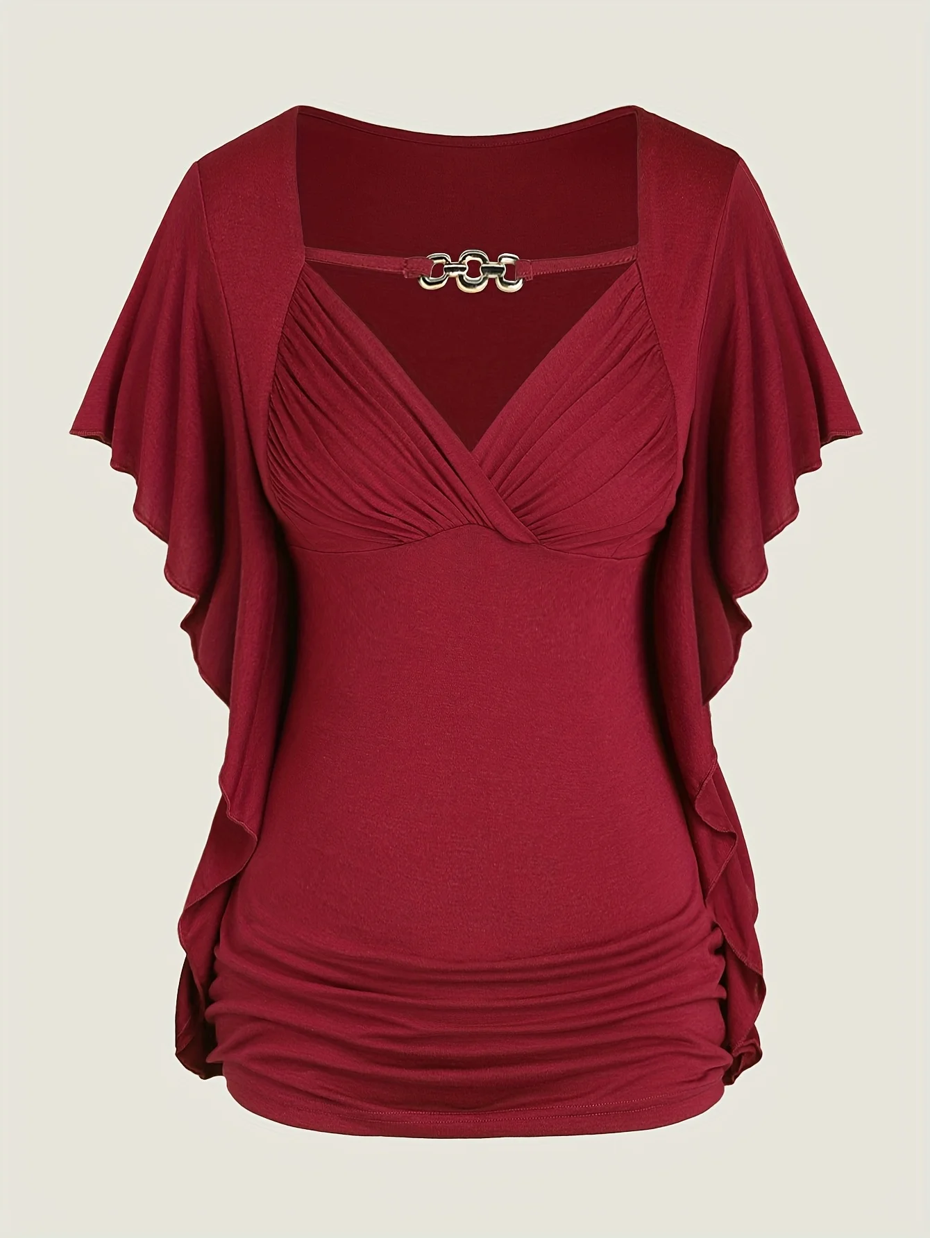 2025, beliebter Stil, großes Damen-T-Shirt mit Schmetterlingsärmeln, Rüschen und Falten, einfarbig, schräge Knopfleiste – Detail 13