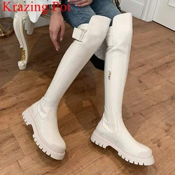 Krazing Pot Stivali alti alla coscia con plateau in vera pelle di grandi dimensioni Scarpe invernali casual Stivali sopra il ginocchio elasticizzati con cerniera solida calda