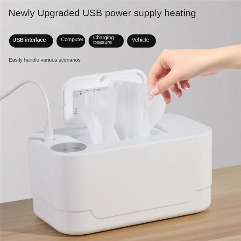 A71P USB Baby Wipe Warmer Reusable Thermostat Prevent Dry Portable Baby Wipes Dispenser Warmer for Home Baby Nursery White