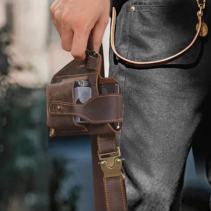 

Crazy Horse Leather Mobile Phone Bag Belt Tactical Men's Cigarette Case Fanny Pack