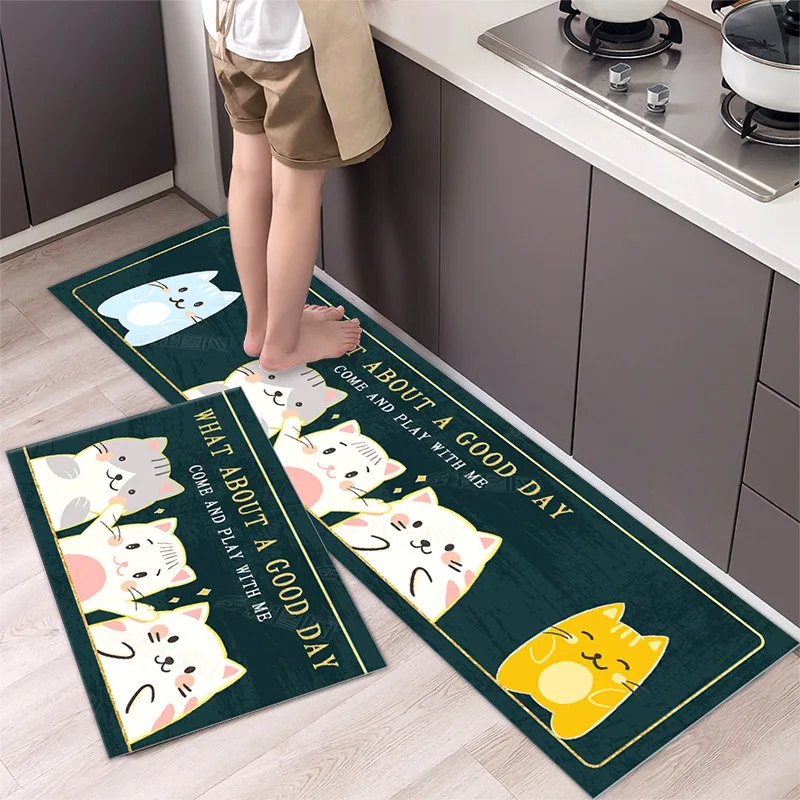VIKAMA Welcome Cartoon Cat Kitchen Mat Set Waterproof Non Slip Runner Rug Stain Resistant Easy Wipe Indoor Kitchen Floor Carpet