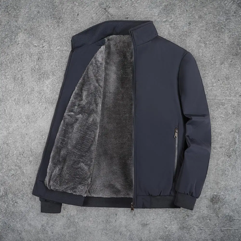 

Men Thick Coat Windproof Cardigan Jacket with Plush Collar Zipper Pockets Elastic Cuffs for Men Plus Size Winter Outerwear Men