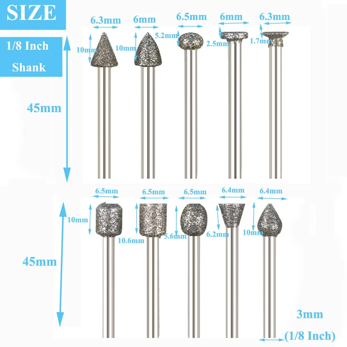 Diamante moagem cabeça para ferramenta rotativa Dremel, rebarbatanas definir acessórios, brocas, diamante Rotary arquivos, variedade de formas, 20PCs