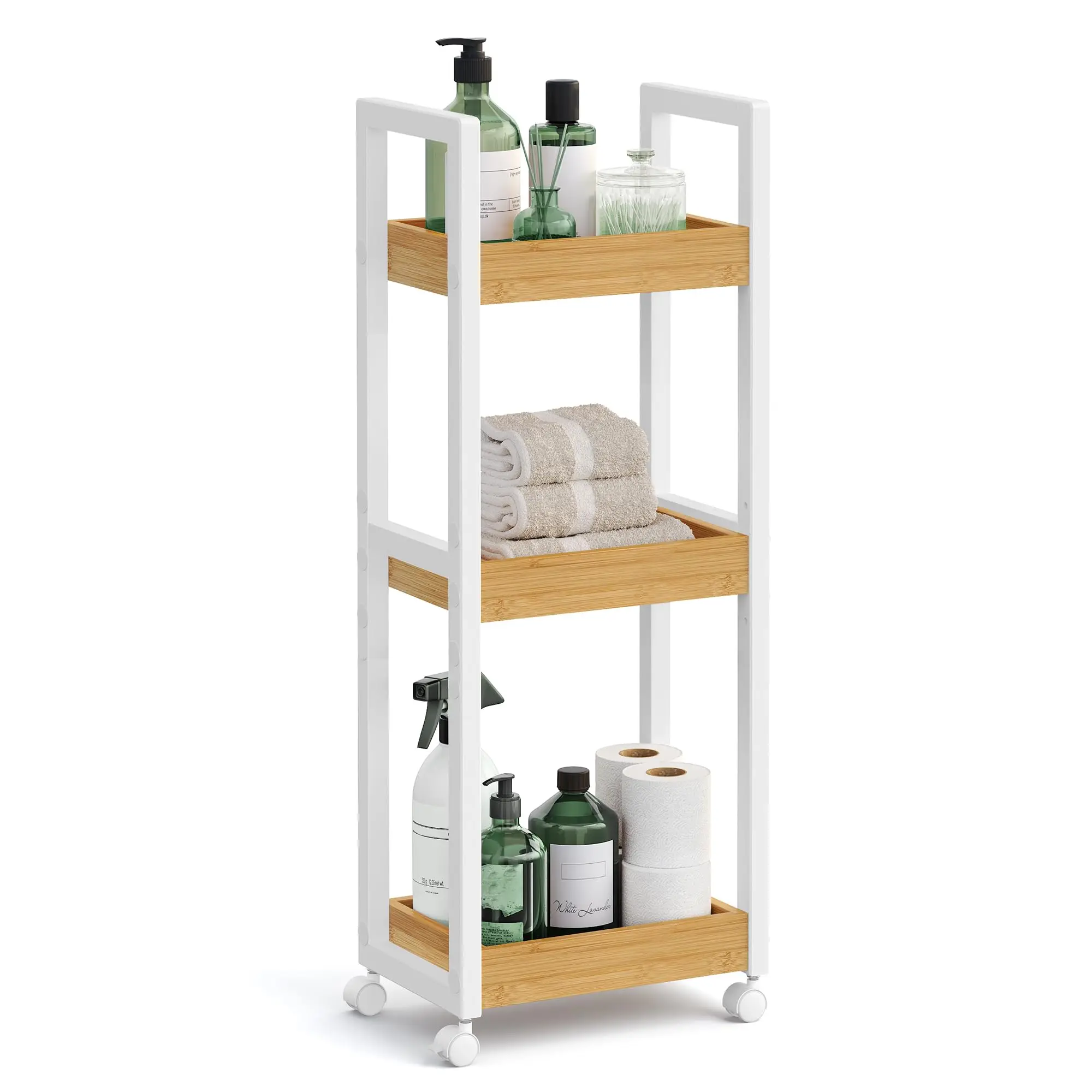 

Bamboo And White Metal 4-Tier Rolling Bathroom Organizer With Wooden Shelves For Toiletries Towels And Essentials