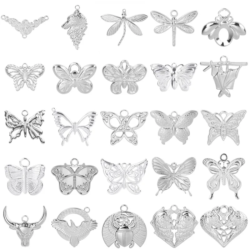 6 sztuk/partia owad wisiorek kolor srebrny motyl ze stali nierdzewnej Charms na materiały do ​​wyrobu biżuterii naszyjnik DIY kolczyki wisiorki