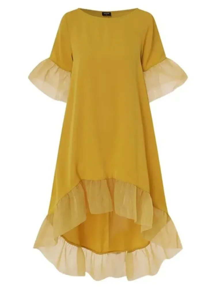 Vestido de meia manga de retalhos de renda para mulheres primavera verão novo estilo cor sólida solto bainha irregular vestido de festa de férias