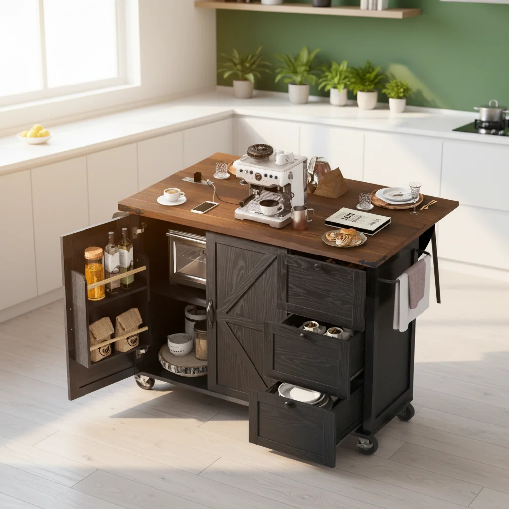 SM Modern MDF Kitchen Storage Island with Internal Storage Rack Rolling Cart Power Outlet Spice Rack-Durable Portable Easy Clean