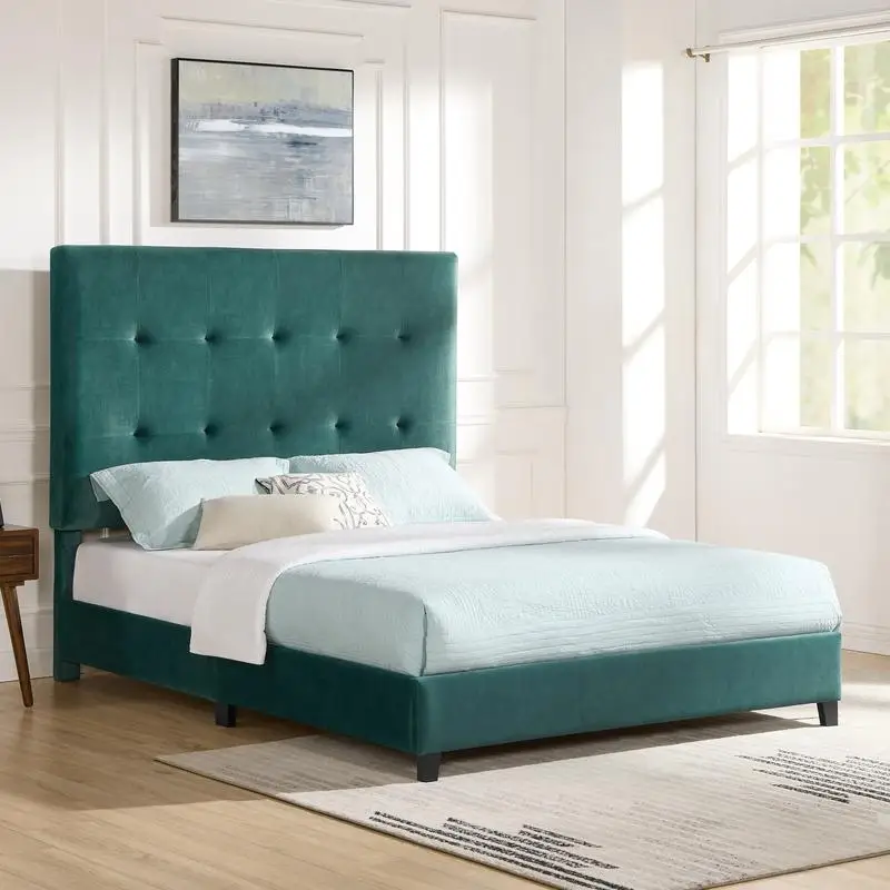 Queen Size Green Velvet Tufted Platform Bed Frame Stylish Upholstered Design for Ultimate Comfort and Elegance