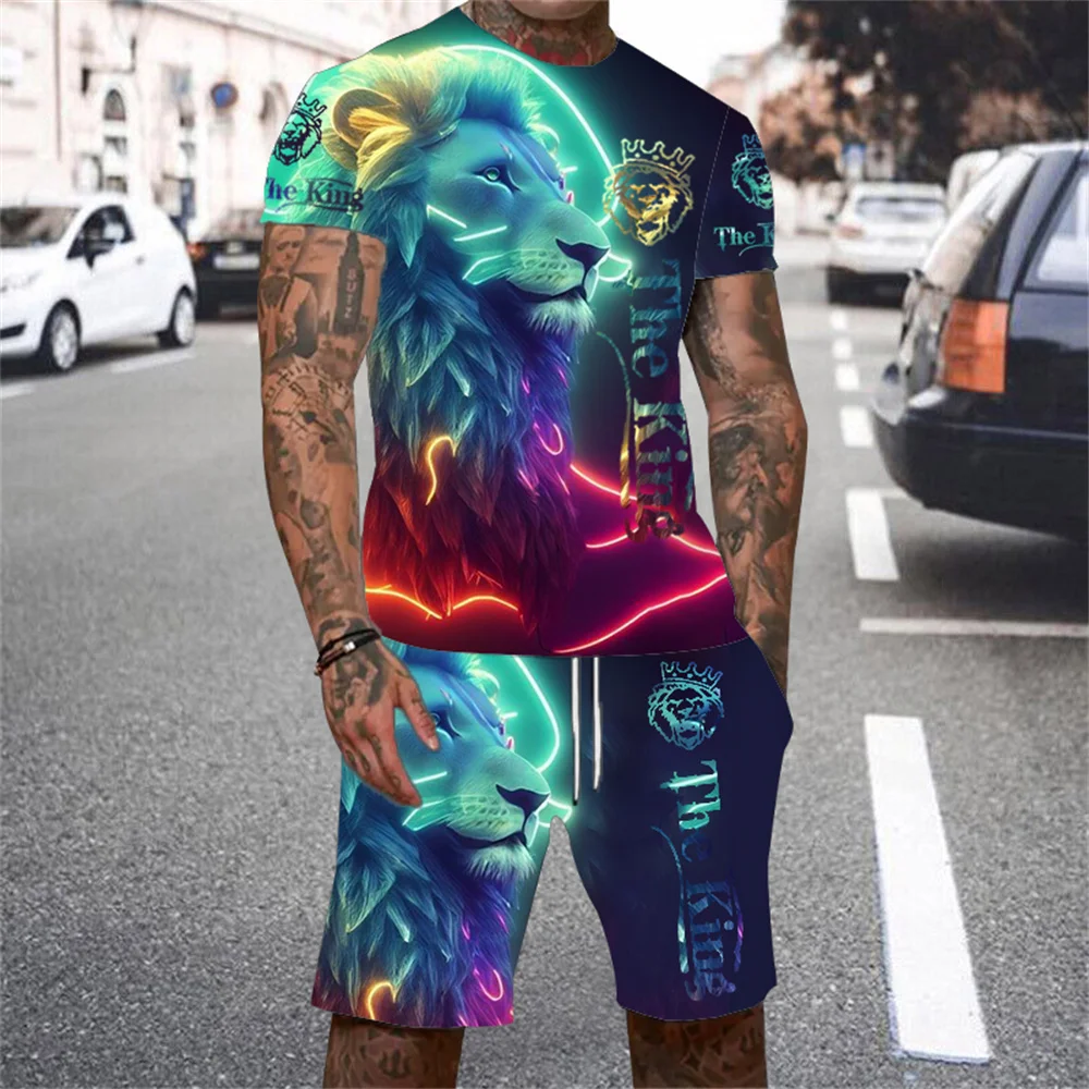 

Men's short sleeved T-shirt set animal lion wolf 3D printed personalized T-shirt men's set casual outdoor sports set clothing