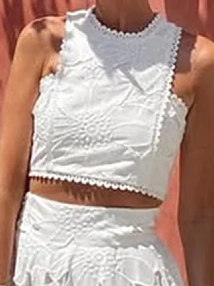 Women's White Embroidery Crochet Hook Hollow Party Skirt suit Elegant Temperament Sleeveless Top And Long Skirt Lady Chic Set