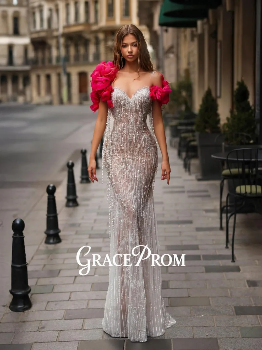 GraceProm Elegant Bead-Trimmed Evening Dress 2026 Sparkling See-Through Carpet Gown Trendy Flowy Floor-Length Party Gown