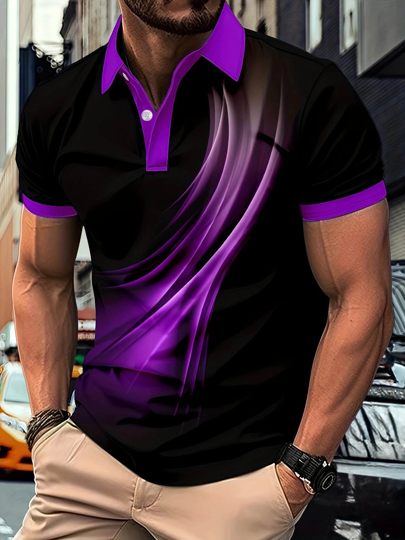New Stylish Men Black Blue Wave Print Polo Shirt Short Sleeve Contrast Collar Casual Business Streetwear Golf Tops