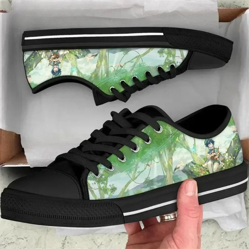 

Женские кроссовки Genshin Impact Vulcanize, новые черные низкие кеды из канваса в стиле аниме для девочек, дизайнерские туфли Klee.