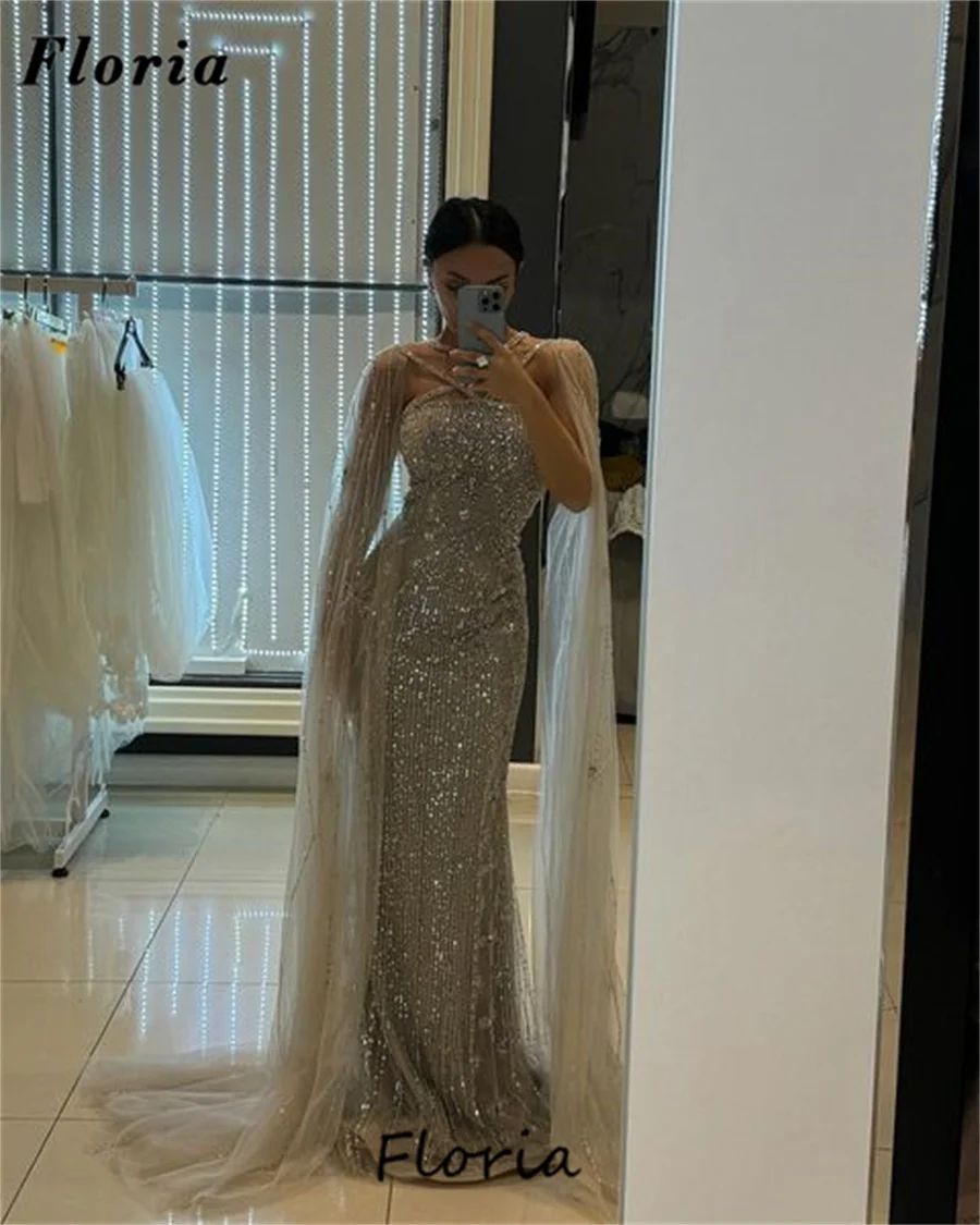 Newest Sliver Beaded Evening Dresses Customize Dubai Luxury Cape Long Sleeves Wedding Party Gowns 2025 Abiti Da Sera Prom Dress