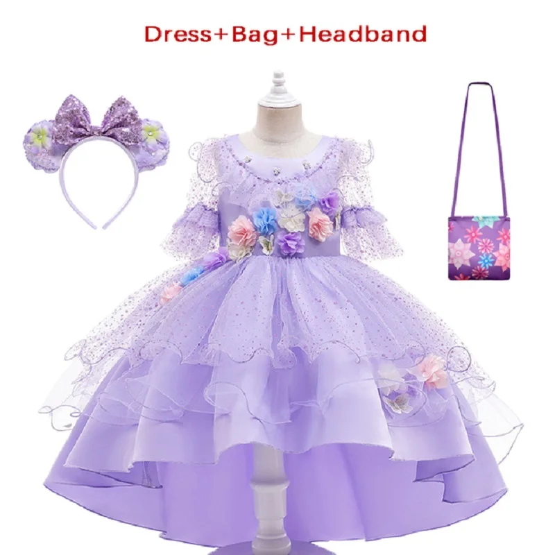 

Fancy Encanto Madrigal Isabela Three-dimensional Flowers Trailing Dresses For Girls Cosplay Halloween Children Princess Costumes