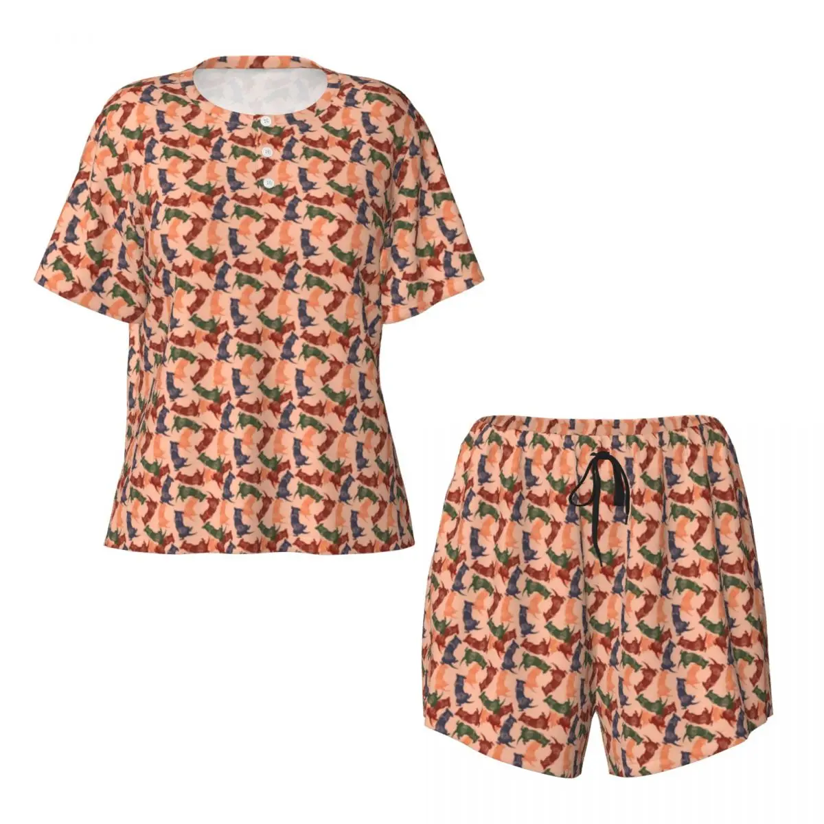 Conjunto de pijamas em o pescoço feminino, design de duas peças, mangas curtas, lindos conjuntos de pijama, amantes do dachshund, estampa de cachorro salsicha, casual