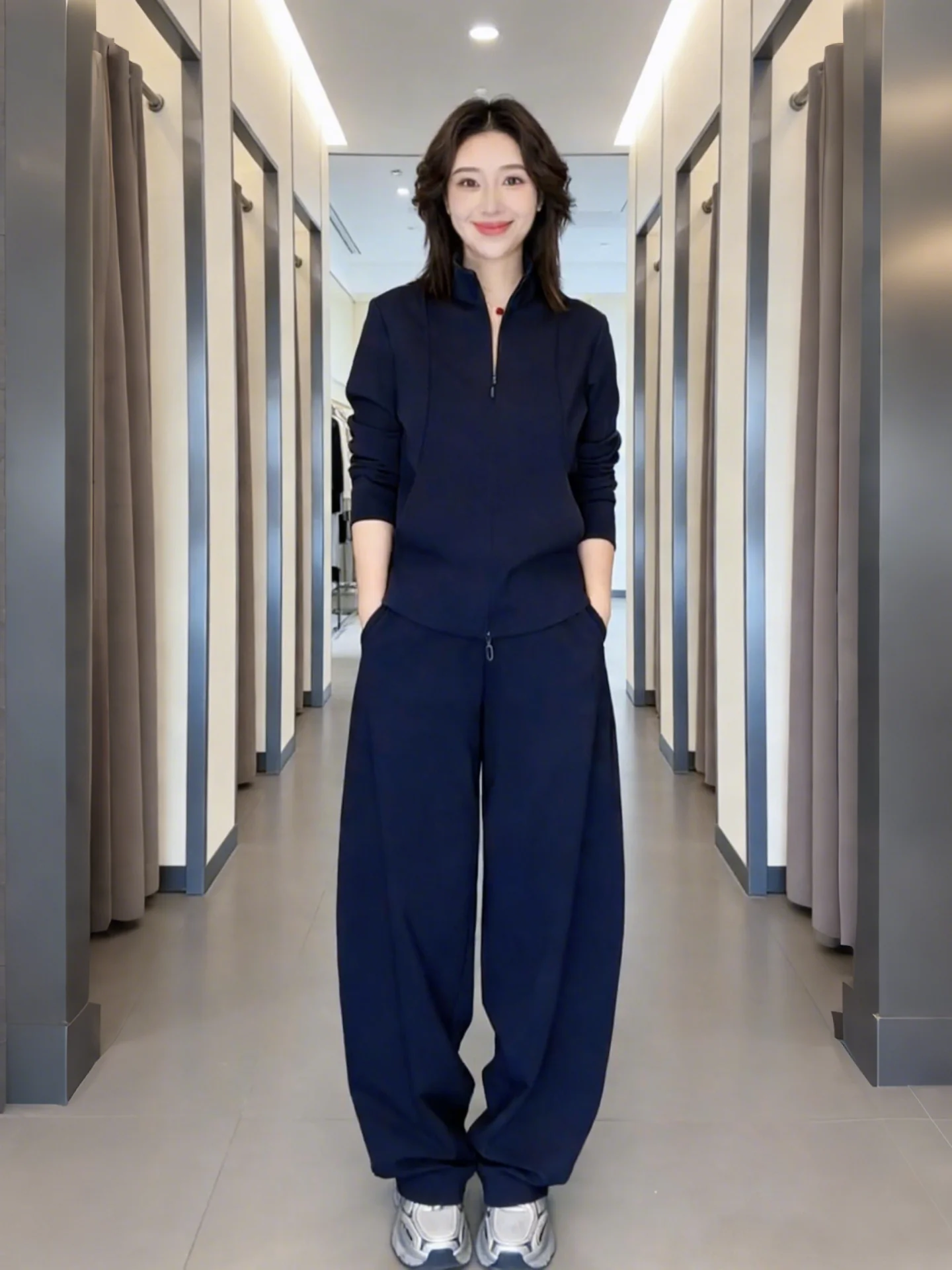 

Spring Fashion Ladies' Unique Beautiful Half Stand Collar Wide Leg Pants Two Piece Set Elegant Commute Style Zipper Decoration