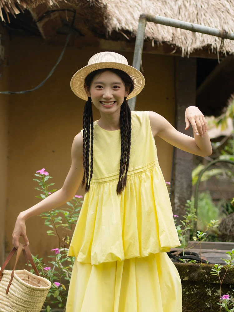 

Жилет Sunine Yellow Cloud Flower Bud: Яркий осенний японский женский топ из хлопка с круглым вырезом, теплая верхняя одежда H-образного кроя