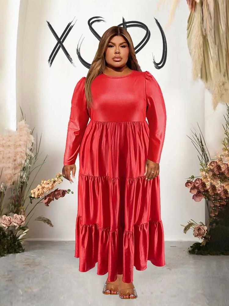 Curvy Style Woman Vegan Leather Dress Scoop Neck Long Sleeve Solid Simple Straight Dress with Tierred Winter Plus Size Dress