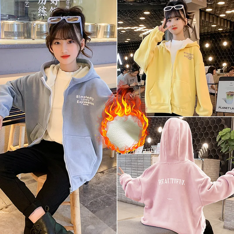 ZOETOP 2024 Winter School Girl Thicekn Outwears Children Zipper Hooded Plus Velvet Jacket Junior Girl Warm Cotton Sweat Jacket