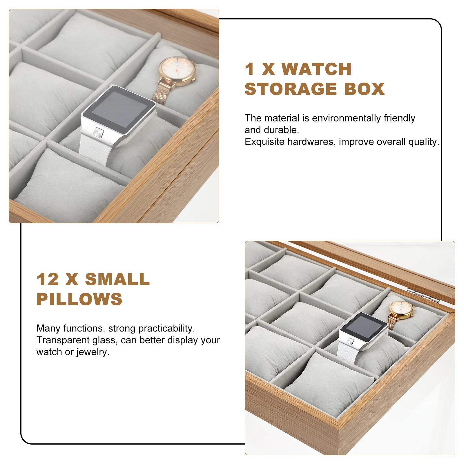 

12 Large Slot Wooden Watch Organizer Box with Soft Removable Pillows Jewelry Display Tray Protective Storage Case