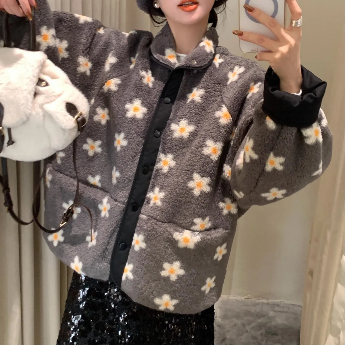 

Chic Sweet Cute Lamb Fur ort Coat Women's Faion Commute Sle Warm Color Blo Floral Print Velvet Outerwear Jaet