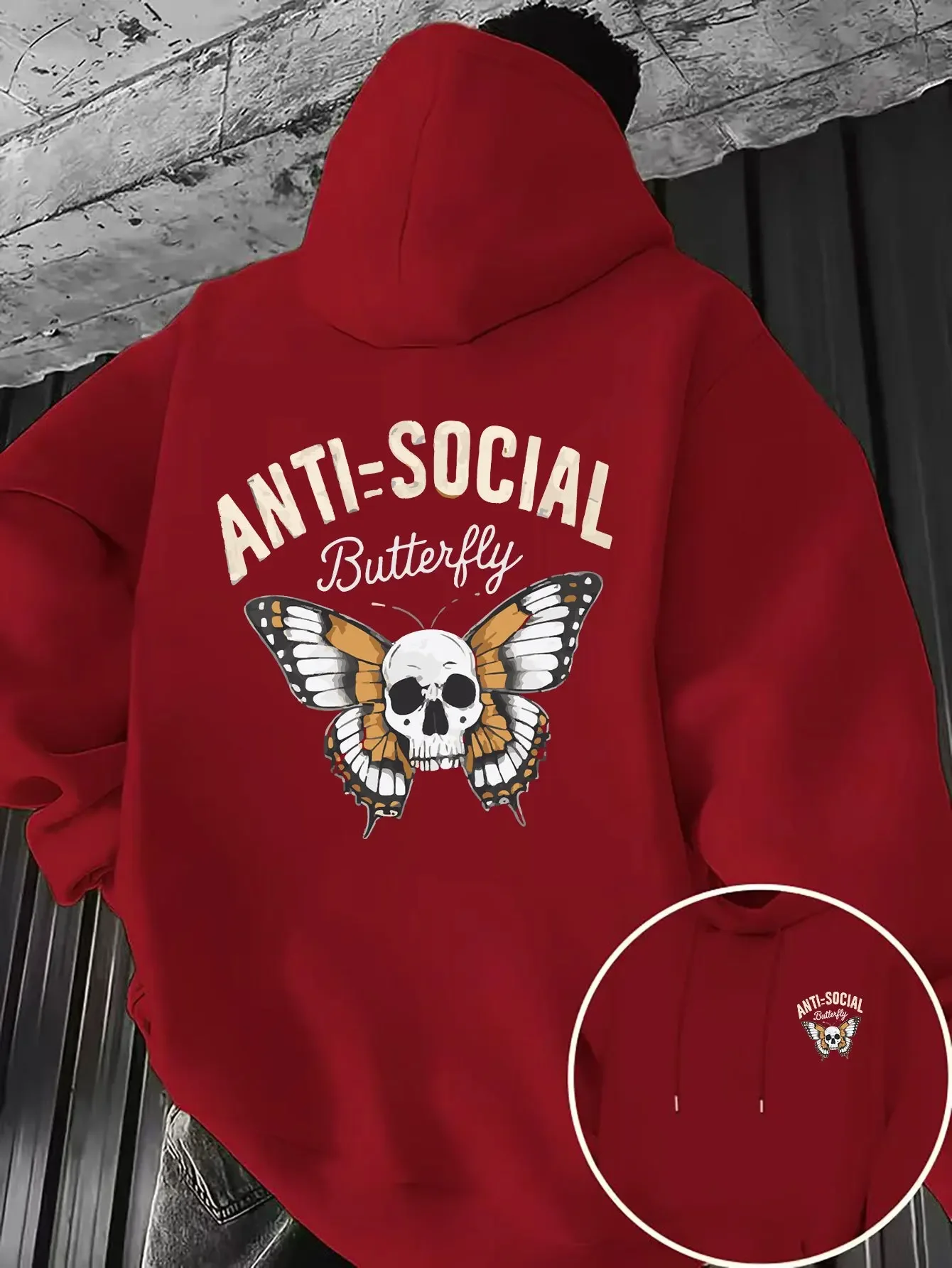 Vintage Skull Monarch Butterfly Graphic Hoodie Anti Social Butterfly Letter Art Sweatshirt Casual Street Style Unisex Oversized