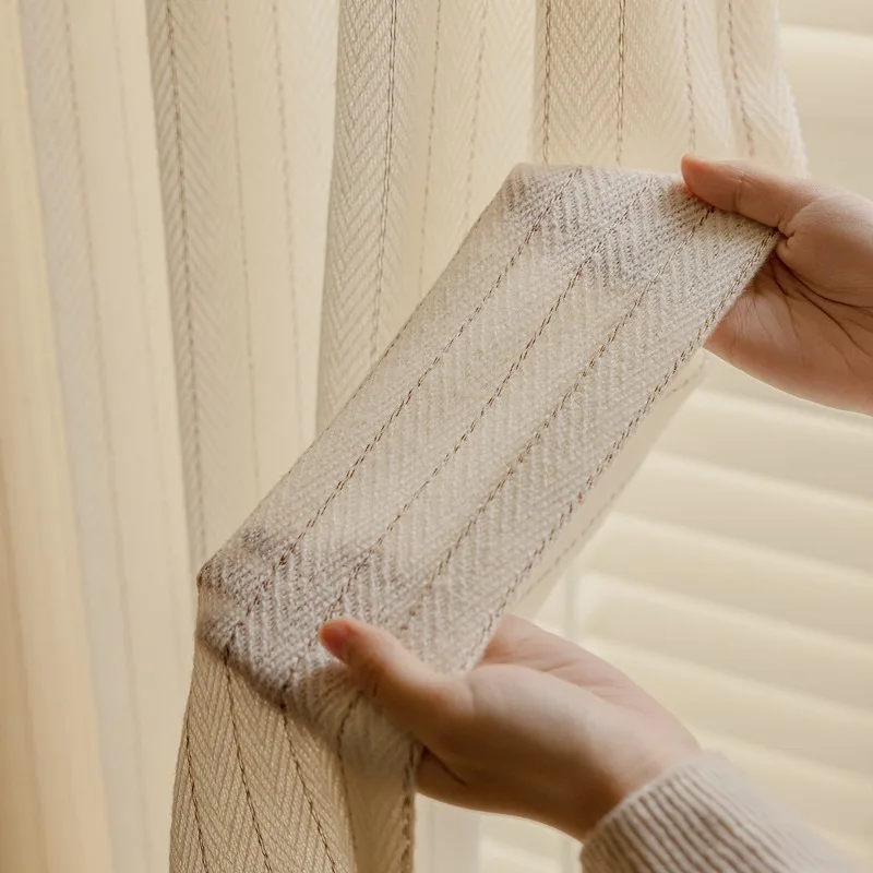 

French Creamy Vertical Striped Window Tulle Curtains for Living Dining Room Bedroom Custom Size Partition Decoration Drapes 커튼