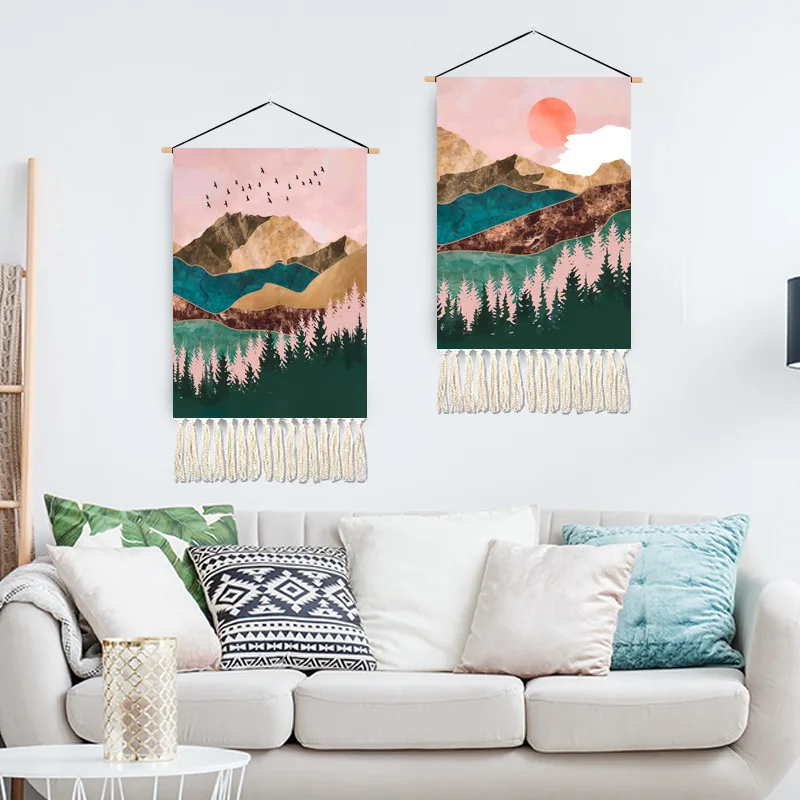 

Nordic Style Boho Decor Tapestry Landscape Scroll Painting Living Room Bedroom Decor Aesthetic Wall Decoration Hanging Poster