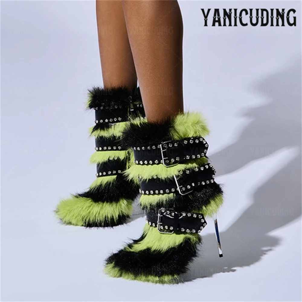 

Faux Fur Embellished Booties Silver Buckles Rhinestone Ankle Boots Green and Black Colorway Boots Silver Rivet Belt Buckle Boots