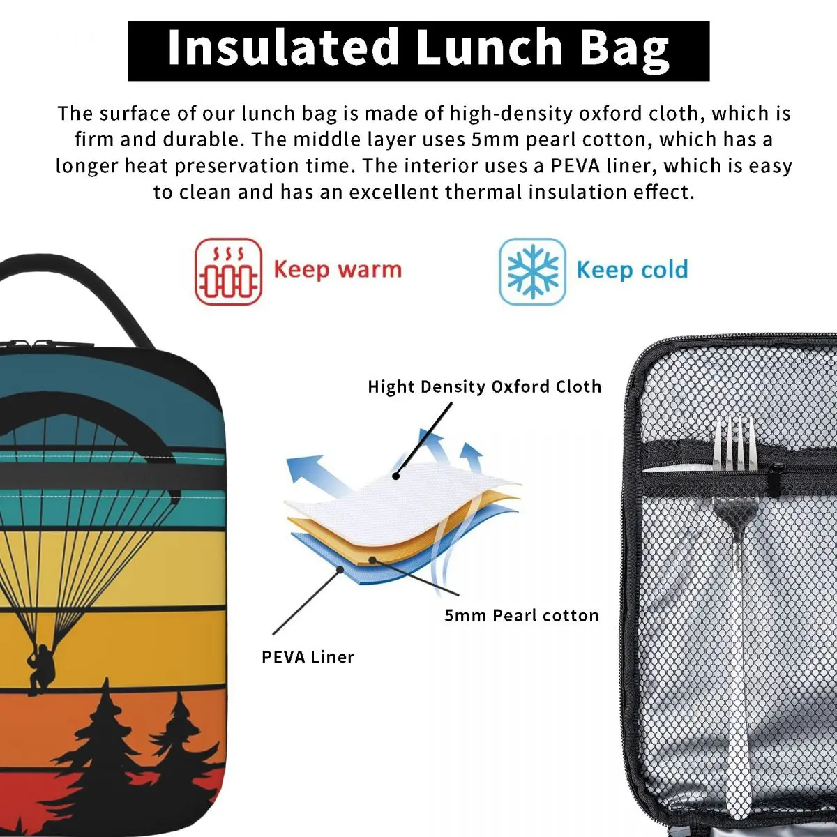 Golden Sunset Paragliding Adventure Insulated Lunch Bag for Women Children Portable Food Boxes Thermal Lunch Box Tote