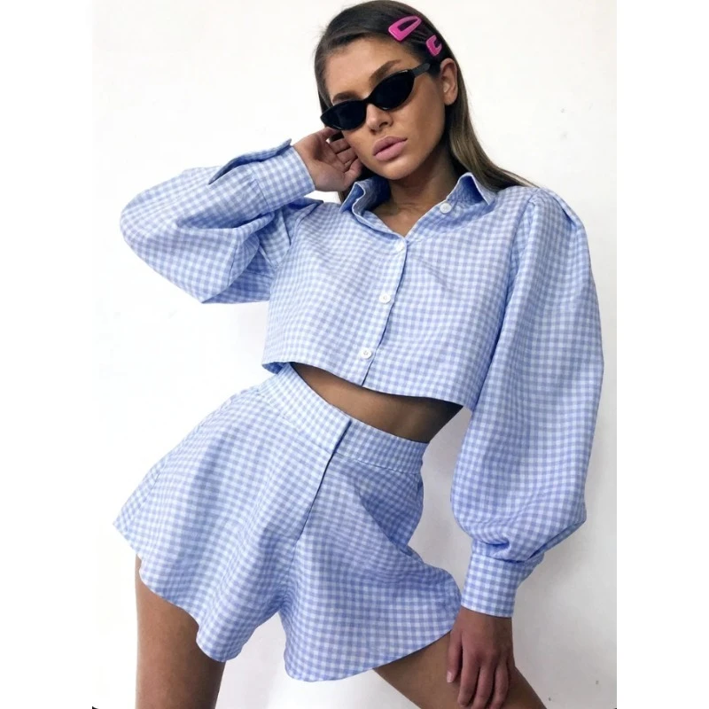 

Krisnanas Plaid New Two Piece Set Woman 2025 Retro Hong Kong Vibe Loose Fit Lantern Sleeve Shirts High Waist Shorts 87800