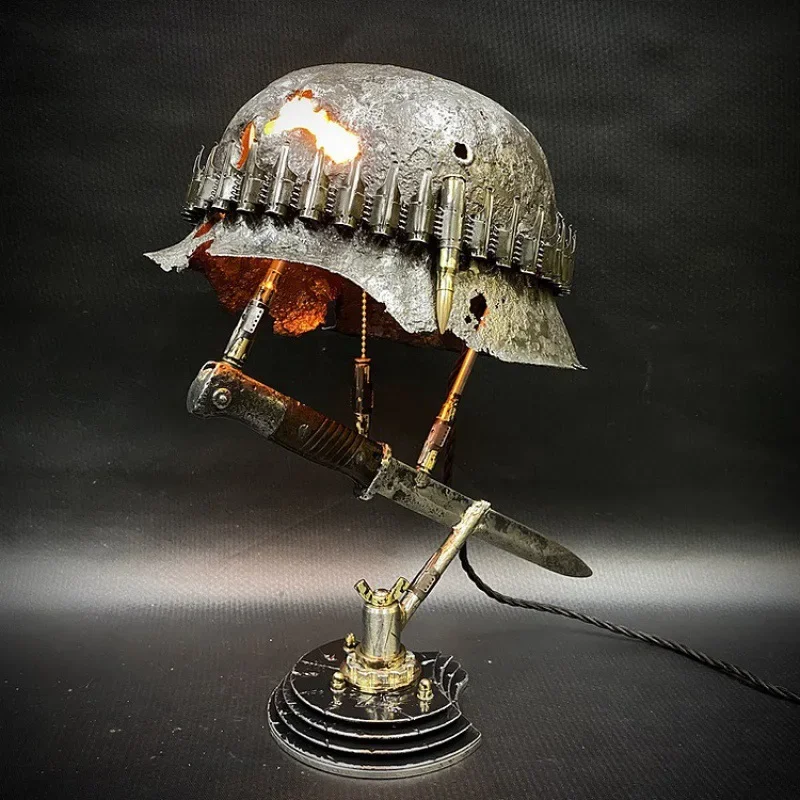 

War Relic Helmet Lamp Statue Resin Abstract Vintage Home Light Decoracion Ornaments Statuettes Sculpture Craft for Office Desk