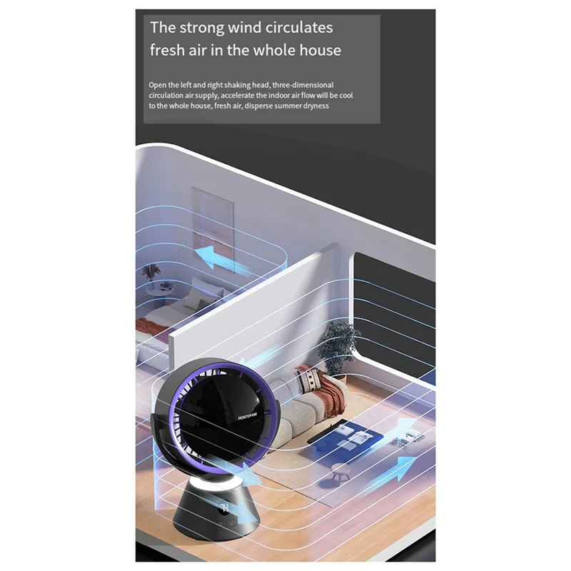 HHTL High-Speed Turbo Fan Shaking Head  Tabletop Circulation USB Small Fan With Light 1Set