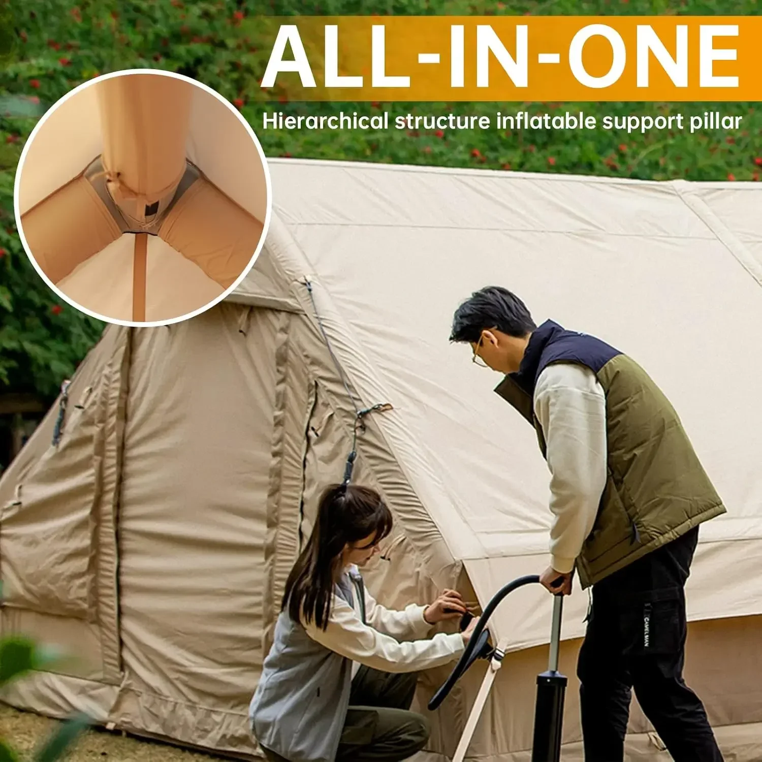 Camping Tent with Pump, Glamping Tents, Easy Setup 4 Season Waterproof Windproof Outdoor Blow Up Tent, Luxury Cabin T