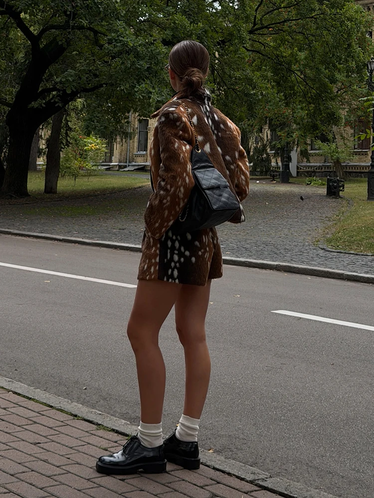 Retro Faux Fur Deer Spotted Skirt Set Lady Lapel Zip High Waist Animal Print Warm Cropped Jacket Set Fall Winter Matching Outfit