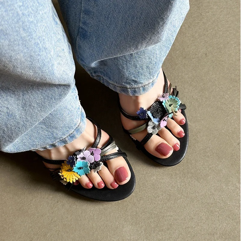 

Arden Furtado 2025 Summer black cowhide Mixed Colors flower Word slippers Round toe Pull-on Stilettos heels Banquet shoes