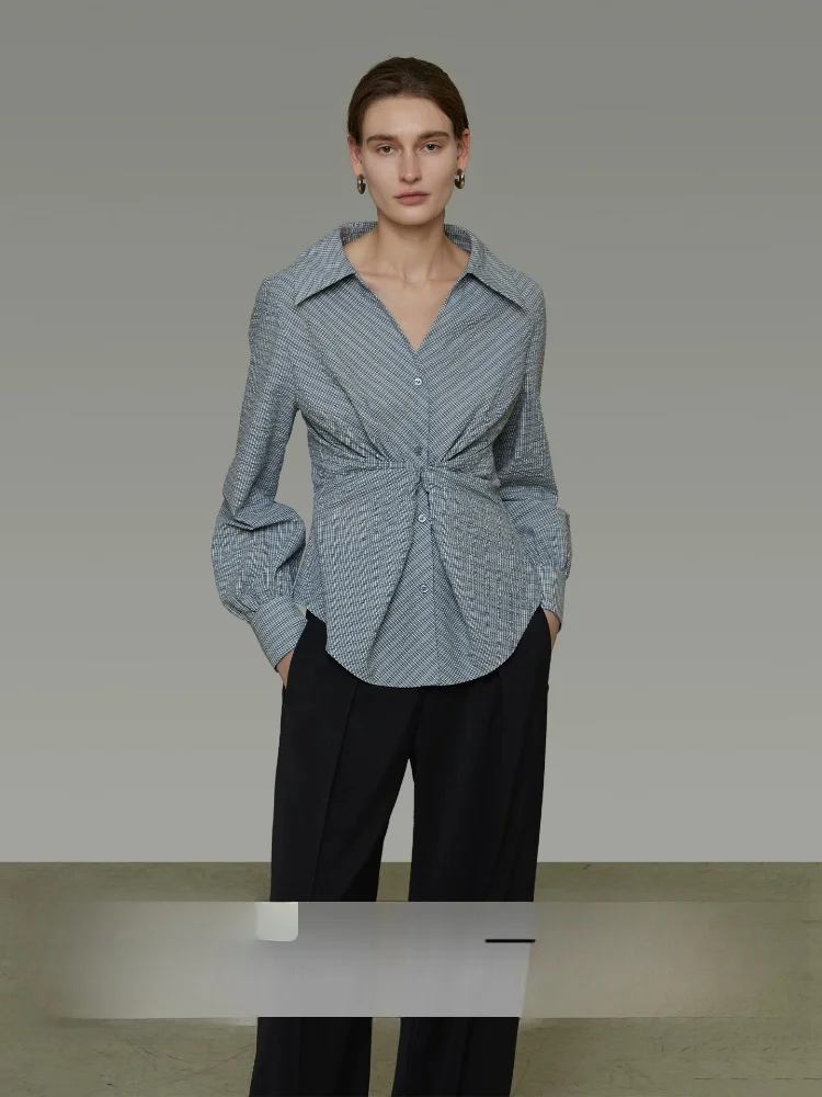 

Slim Fit Striped Shirt for Women with Asymmetrical Knot Design Commute Style Blue Long Sleeve Business Casual Polyester Cotto...