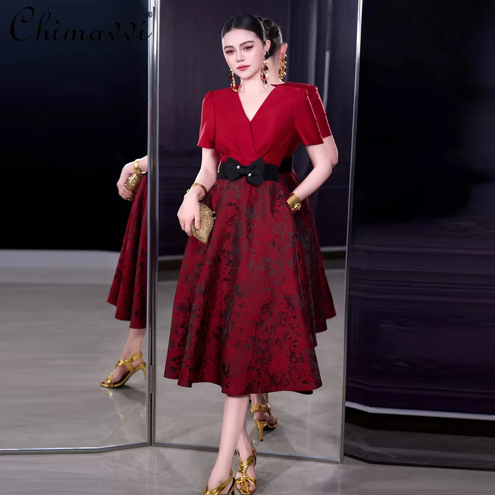 

French Style Elegant Fashion Socialite Evening Dresses V-neck Short Sleeve Black Bow Jacquard Long Dress for Women 2026 Summer