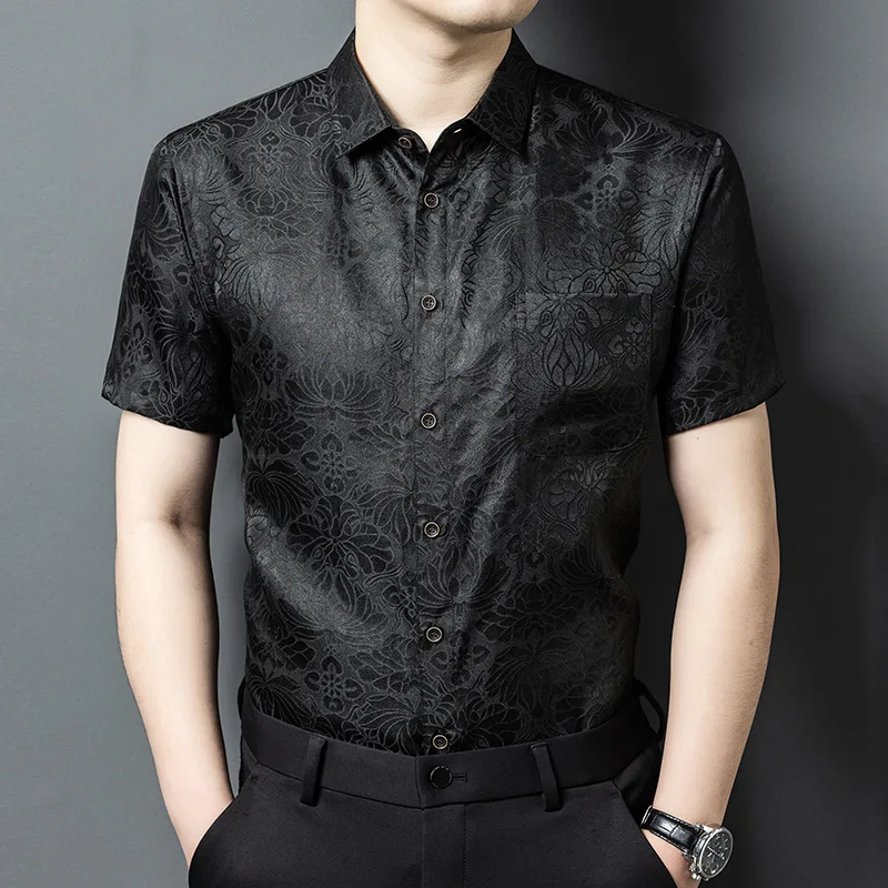 

High Quality Real Silk Men's High-End Xiangyun Yarn Short-Sleeved Shirt Middle-Aged Fashion Casual Breathable Wear