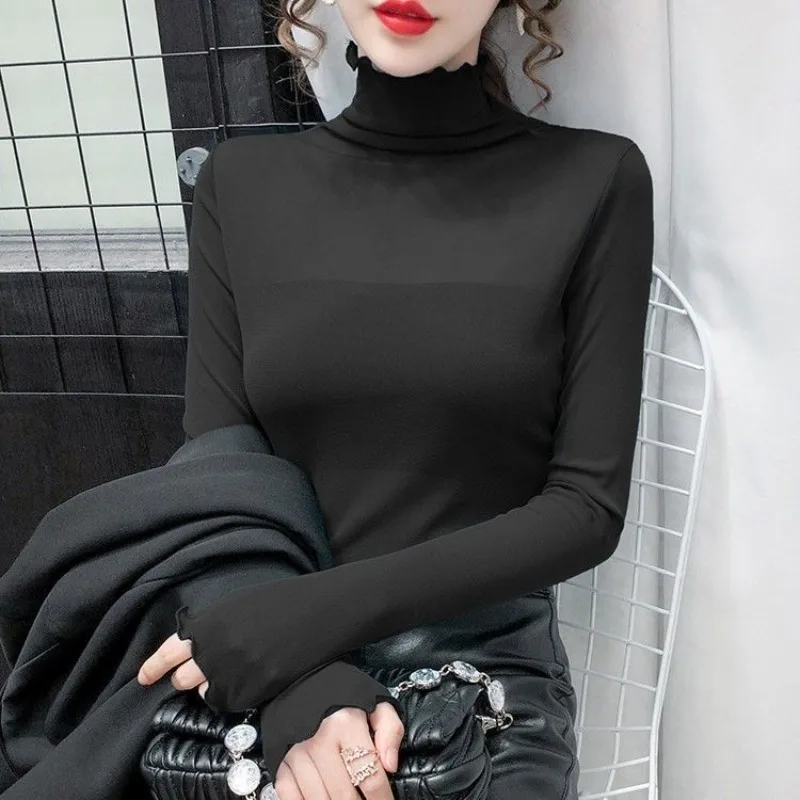 Woman T-shirt Lace 2024 Mesh Tee Turtleneck Clothing Plain Top For Women Offer High Quality Tshirt Spring And Autumn 2000s Emo