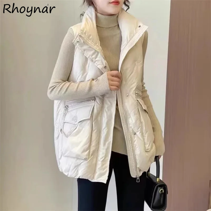 

Cotton Vests Women Autumn Winter Loose Design Pockets Embroidery Zipper Sleeveless Outerwear Fashion Solid Simple Casual Basic
