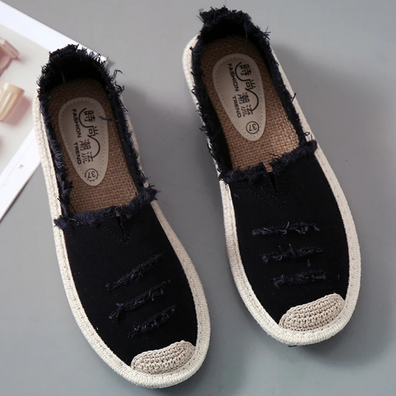 2023 Ladies Casual Comfort Ripped Slip On Lazy Shoes Female Womens Flat Slip On Canvas Summer Strap Loafers Straw Espadrilles