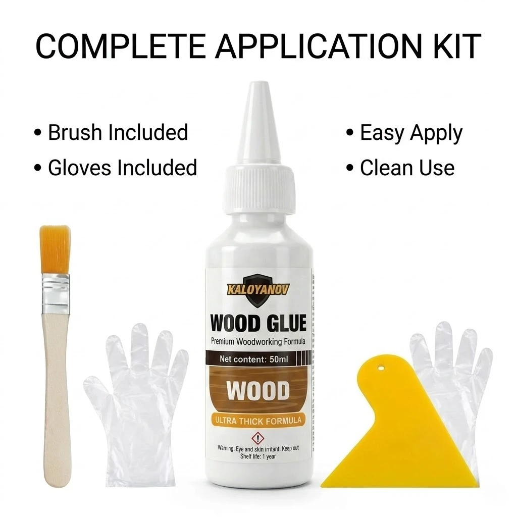 50ml Ultra Thick Wood Glue Kit with Precision Brush, Scraper & Gloves - Strong Adhesive for Woodworking & Furniture Repairs
