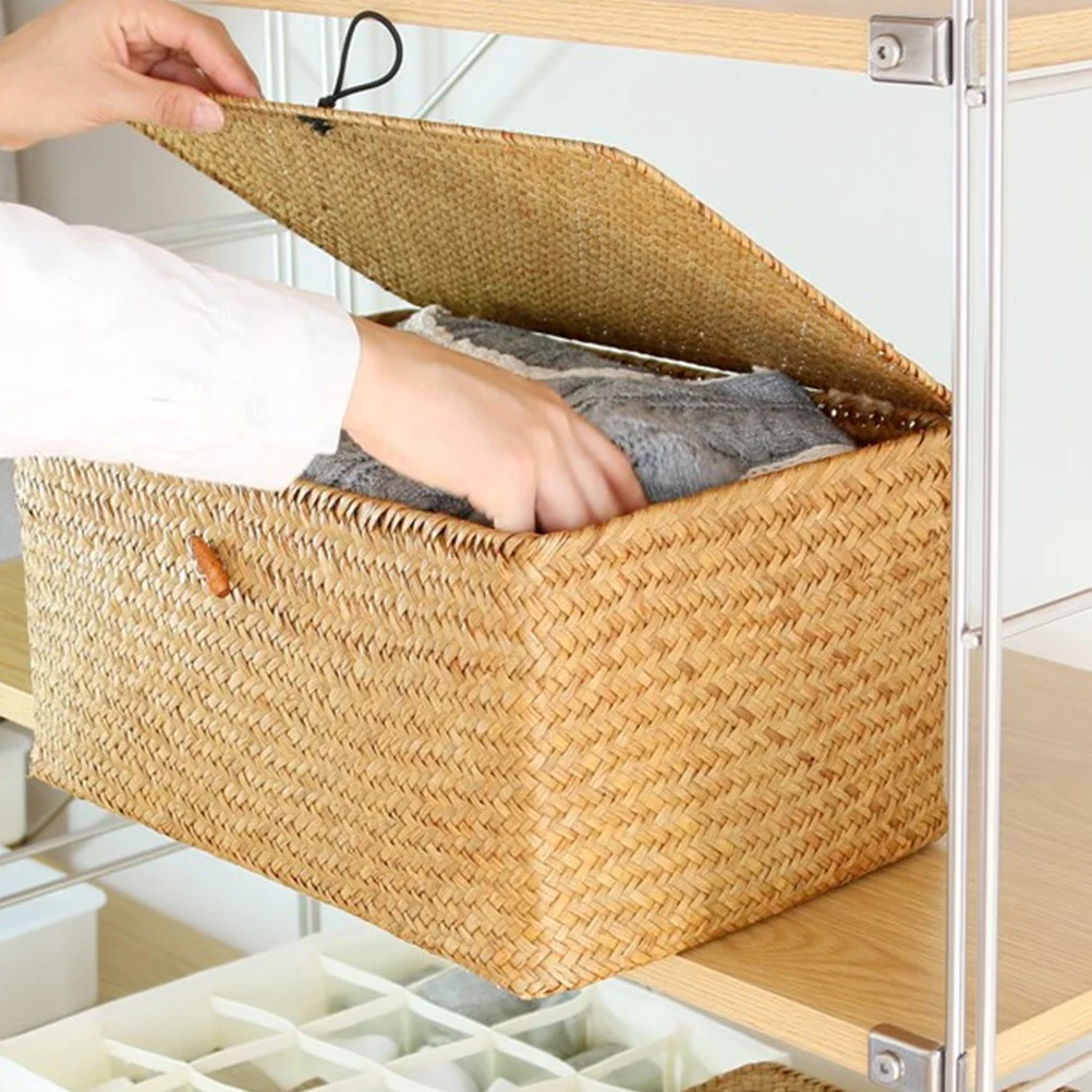 

Basket Storage Box Laundry Hamper with Lid Woven Multifunction Baby Wicker Seaweed