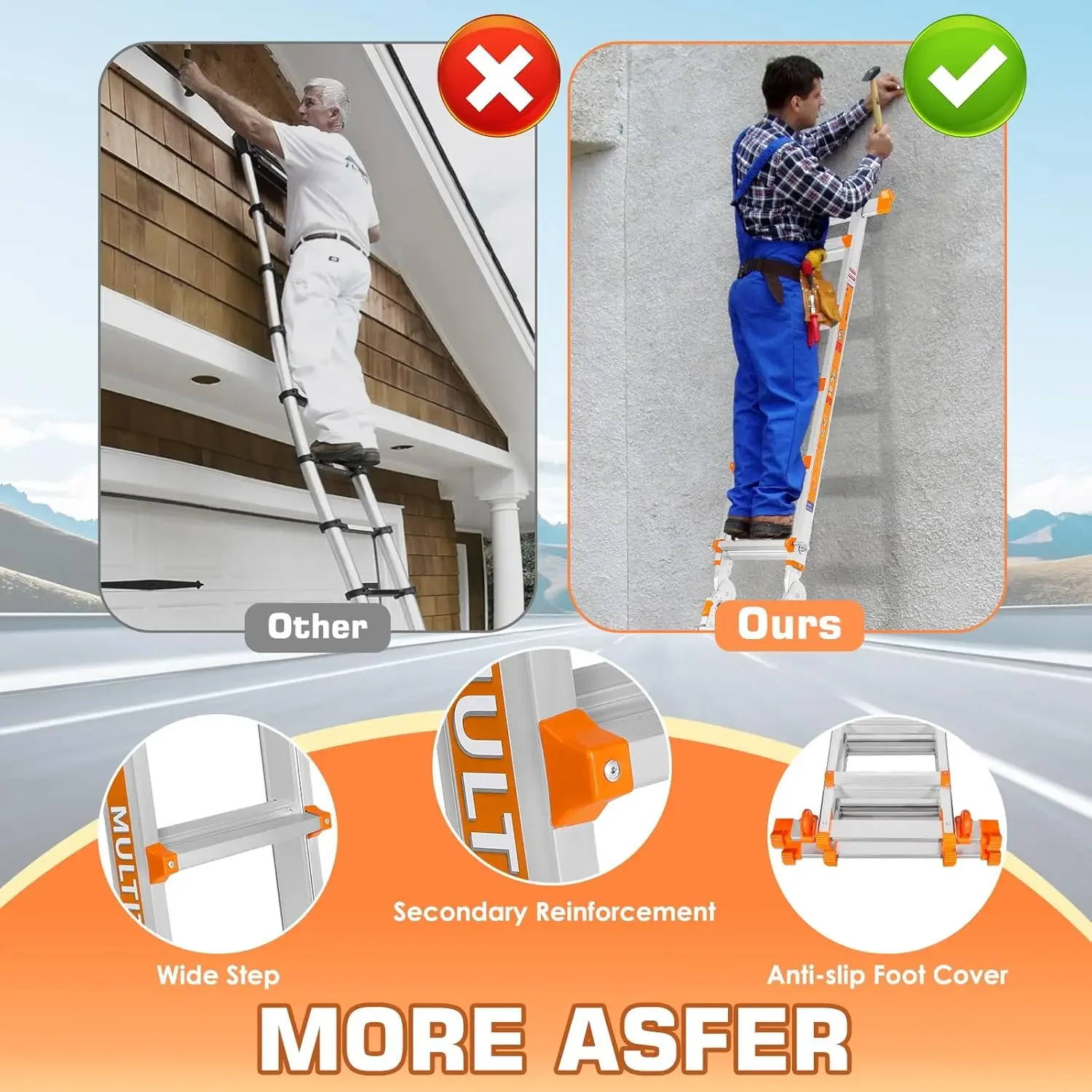 A Frame 5 Step Ladder, 17FT Extension Ladder with Stabilizer Bar & Wheels,330 lbs Security Load Multi Position Ladder for Stairs