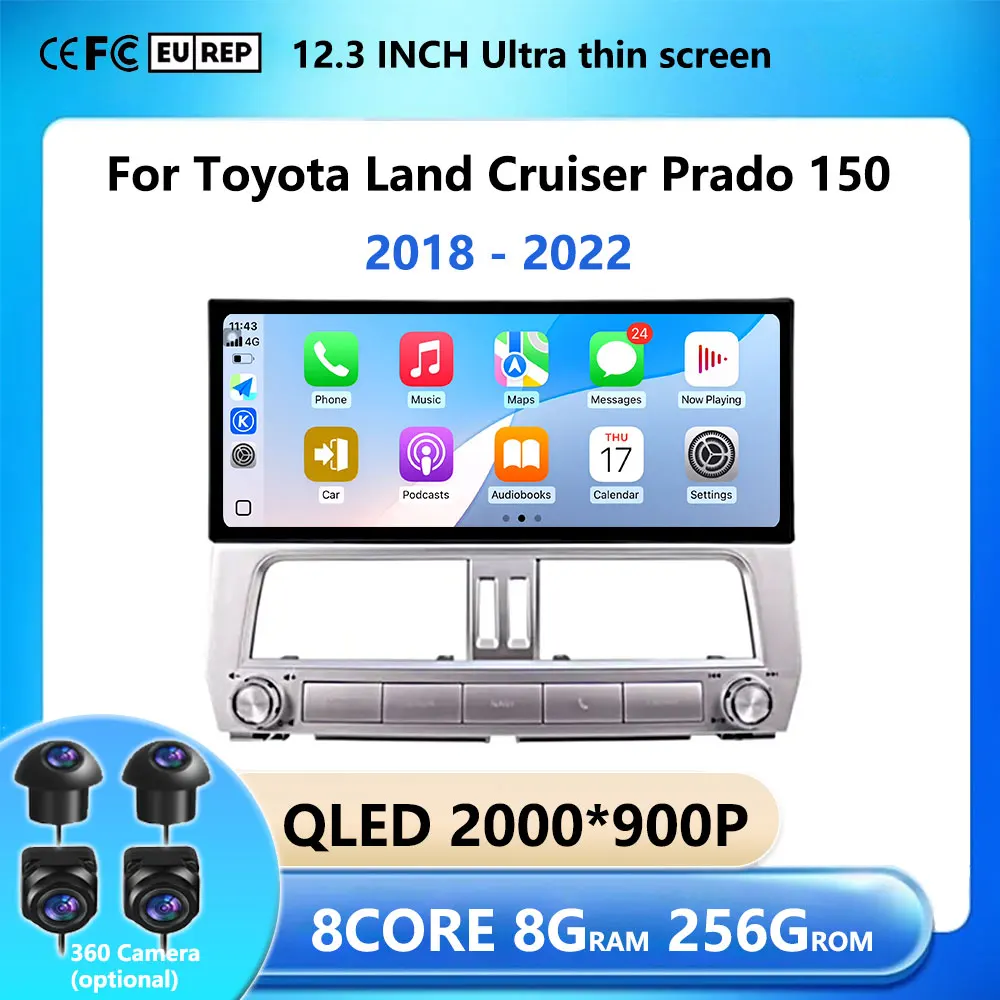 Android 16 Carplay WiFi GPS 4G Car Multimedia Video Player 12.3 inch For Toyota Land Cruiser Prado 150 2018 - 2022 DSP Stereo BT