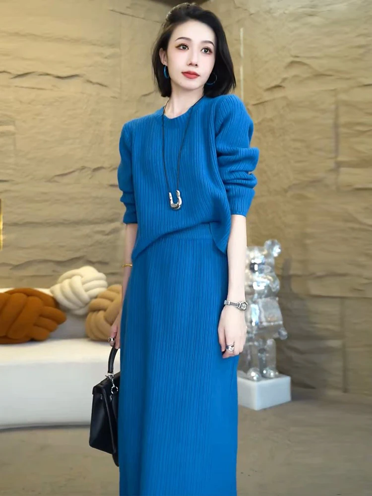 

Solid Color Long Sleeve Sweater Pullovers Knitted Skirts French Style Fashion Autumn Office Lady Skirt Two Pieces Set