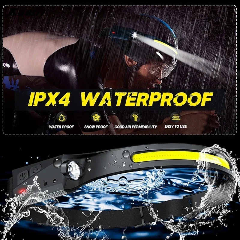 Powerful COB Rechargeable Sensor Headlamp Portable LED Head Torch Built-in Battery 5 Lighting Modes Camping Fishing Headlight